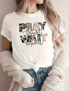 Letter Print Comfortable Casual Sports T-Shirt, Short Sleeve Round Neck Running Workout Top, Women's Activewear - 白色 - 查看 1