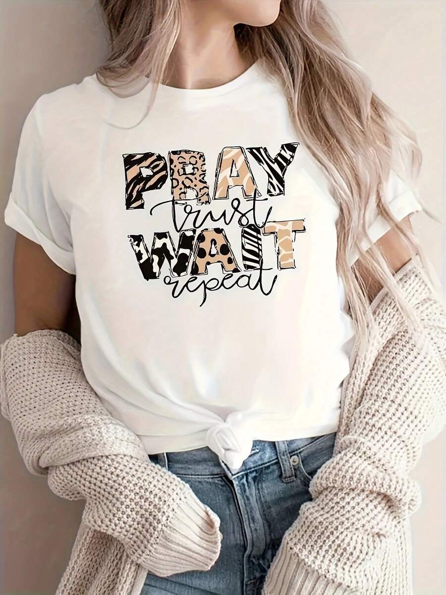 Letter Print Comfortable Casual Sports T-Shirt, Short Sleeve Round Neck Running Workout Top, Women's Activewear - 白色 - 查看 1