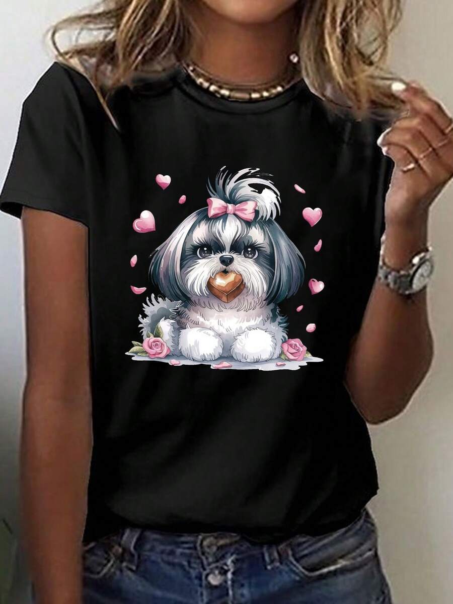 Una camiseta de cuello de tripulación de manga corta casual para mujeres con un diseño Shih Tzu de chocolate con un arco rosado, perfecto para la primavera y el verano