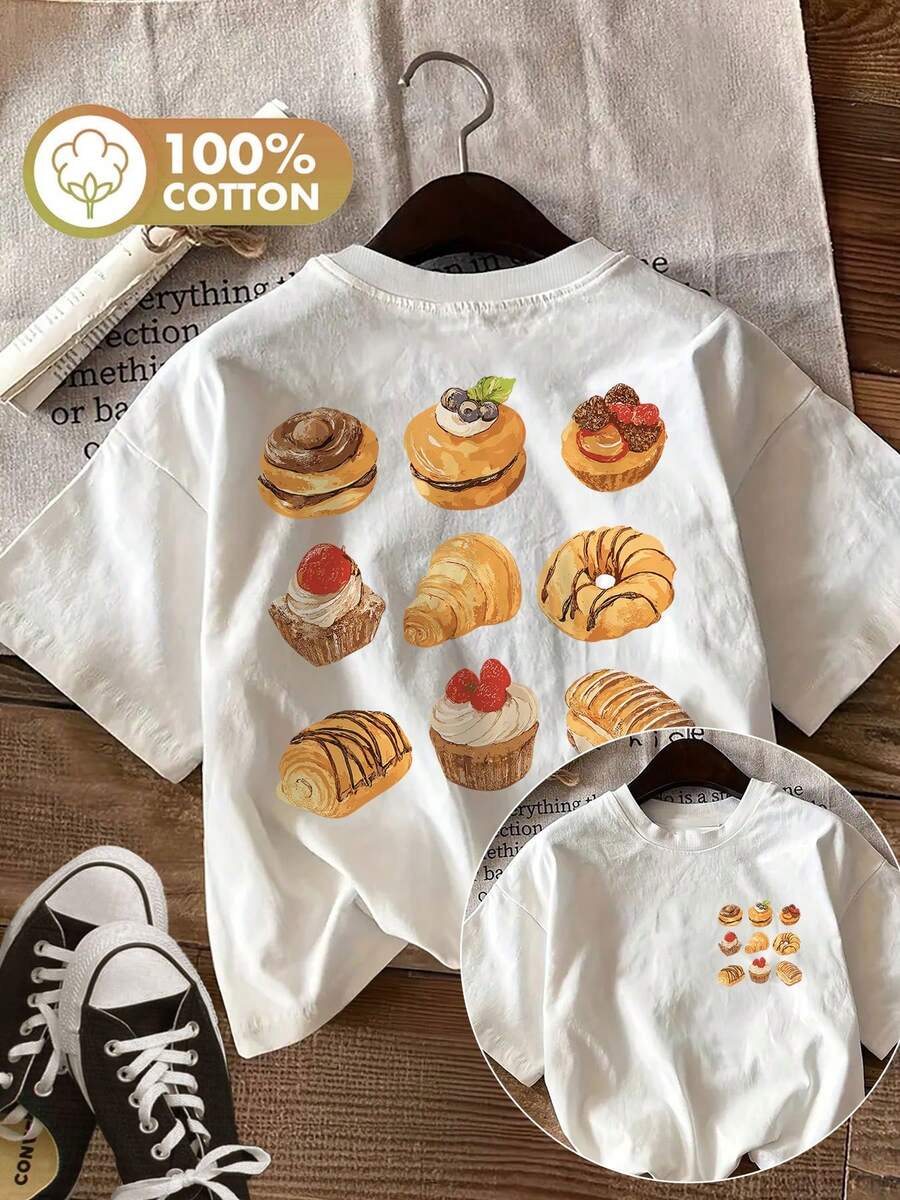 [Double-Sided Printing] Spring And Summer Women's Pure Cotton T-Shirt, Hand-Drawn Style, Dessert And Fruit Printing, Round Neck, Short Sleeves, Pure Cotton Women's T-Shirt[Quiet K]-T Shirt Damen - White - View 1
