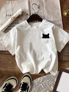 GiftGift [Camiseta con Estampado de Gato] Camiseta Casual con Cuello Redondo y Estampado de Gato |   Ropa de Mujer para Primavera y Verano 100% algodón Suave - Blanco - Ver 5