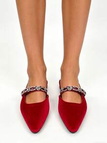 Sepatu Mule Wanita Mewah dengan Hiasan Rantai dan Tali Bertabur Berlian Imitasi, Nyaman untuk Pemakaian Sehari-hari dan Pesta - Merah - View 7