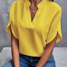 1 Uds. Nuevas camisas de verano de Color sólido para mujer, pantalón corto informal de manga con cuello en V, camisas holgadas, jersey de moda para mujer, Tops - Amarillo - Ver 1