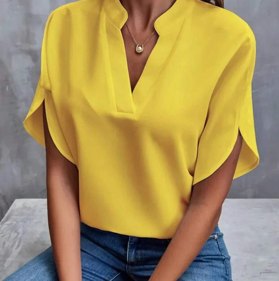 1 Uds. Nuevas camisas de verano de Color sólido para mujer, pantalón corto informal de manga con cuello en V, camisas holgadas, jersey de moda para mujer, Tops - Amarillo - Ver 1