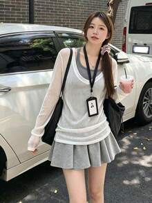[Y6Y]女款灰色掛脖背心與米色半透長袖上衣2件套，秋季休閒運動通勤穿搭 - 灰色 - 查看 1