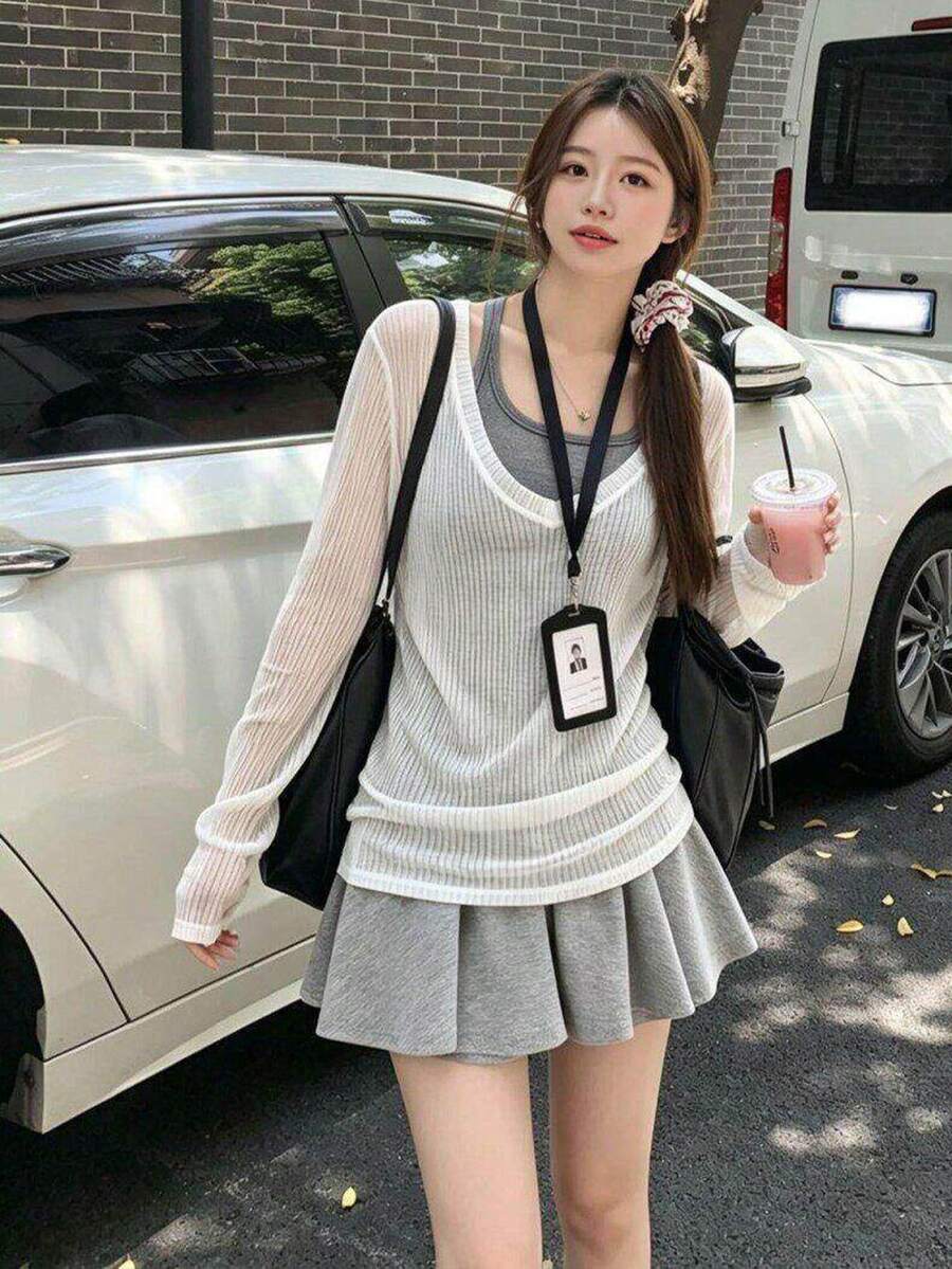 [Y6Y]女款灰色掛脖背心與米色半透長袖上衣2件套，秋季休閒運動通勤穿搭 - 灰色 - 查看 1