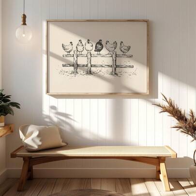 1pc Vintage Chicken Sketch Wall Art Picture Farmhouse Hen On Fence Prints Canvas Painting Farm Animal Poster Neutral Rustic Country Kitchen Decor For Dining Room Kitchen Wall Decoration Unframed , Framed