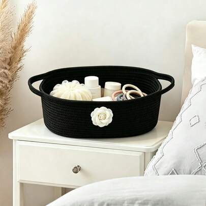 1pc Foldable Handmade Luxury Woven Storage Basket With Handle, French Romantic Retro Style, Bohemian, White Artificial Rose Black Woven Basket, Artificial Flower Decor Basket, Suitable For Bathroom, Living Room, Bedroom, Toys, Also Suitable For Holiday Gatherings, Birthday Gifts, Home Decor, Storage, Etc.