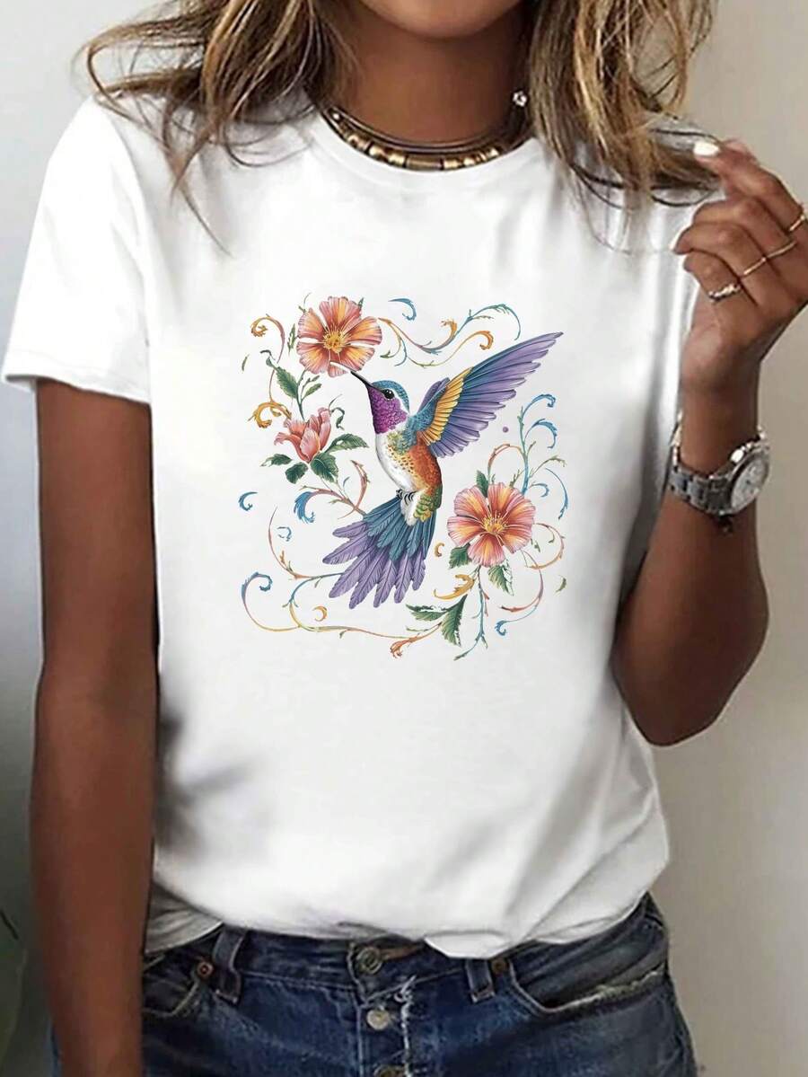 Camiseta de cuello de tripulación de manga corta casual de las mujeres - vibrante colibrí y estampado floral, tela elástica suave, confort de toda la temporada, top lavable en máquina para primavera y verano, ropa cómoda, patrones geométricos, elasticidad media