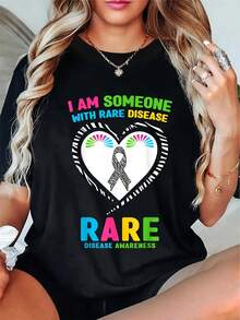 Plus Size, Plus Size Women's Rare Disease Awareness T-Shirt - "I Am Someone With A Rare Disease" Colorful And Rainbow Print Heart Ribbon Design, Soft Short Sleeve Crew Neck Casual Top For Casual Wear And Promotional Events, Machine Washable Rare Disease Support Clothing - 黑色 - 查看 1