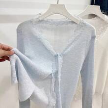レース ドット 切り替え ひも レディース 日焼け防止 長袖 ニット カーディガン 冷房対策  UVカットパーカー  薄手 無地 カーディガン  体型カバー 百掛け 可愛い おしゃれ 夏服 トップス シンプル 着やせ コーディネート キャミソールワンピース フリーサイズ，目安体重：40KG-60KG - ブルー - チェックする 9