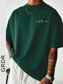 GRDR Fashionable Minimalist Slogan Print Short Sleeve T-Shirt, Comfortable & Breathable, Suitable For Summer, Leading Style - Dark Green - View 3