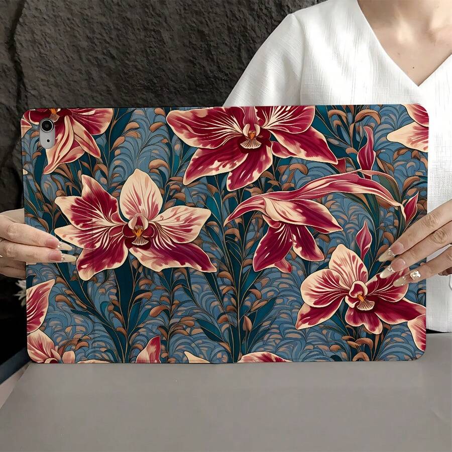 1 件红色兰花印花平板电脑保护套，带笔槽，兼容 iPad Air 4/5/10 代智能保护套/Air 13(M3 2025)/Air 11(M3 2025)/11(A16 2025)，兼容 Oppo Pad、华为 MatePad、vivo Pad、荣耀 Pad 和联想小新 Pad。 - 彩色 - 查看 1