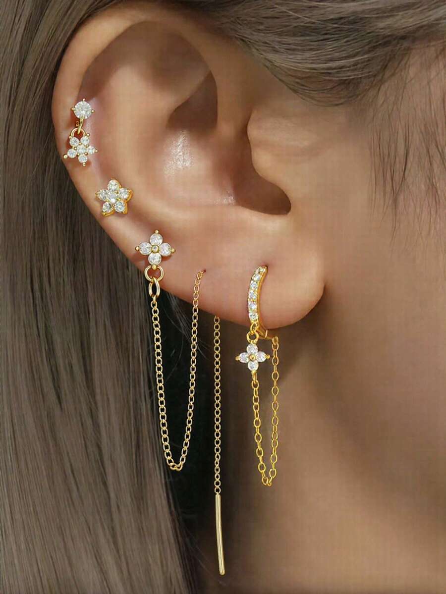 4pcs Elegant Cubic Zirconia Clover & Flower Decor Chain Earrings Set, Suitable For Women's Daily, Date, Music Festival, Party Matching, Holiday Gift - Yellow Gold - View 1