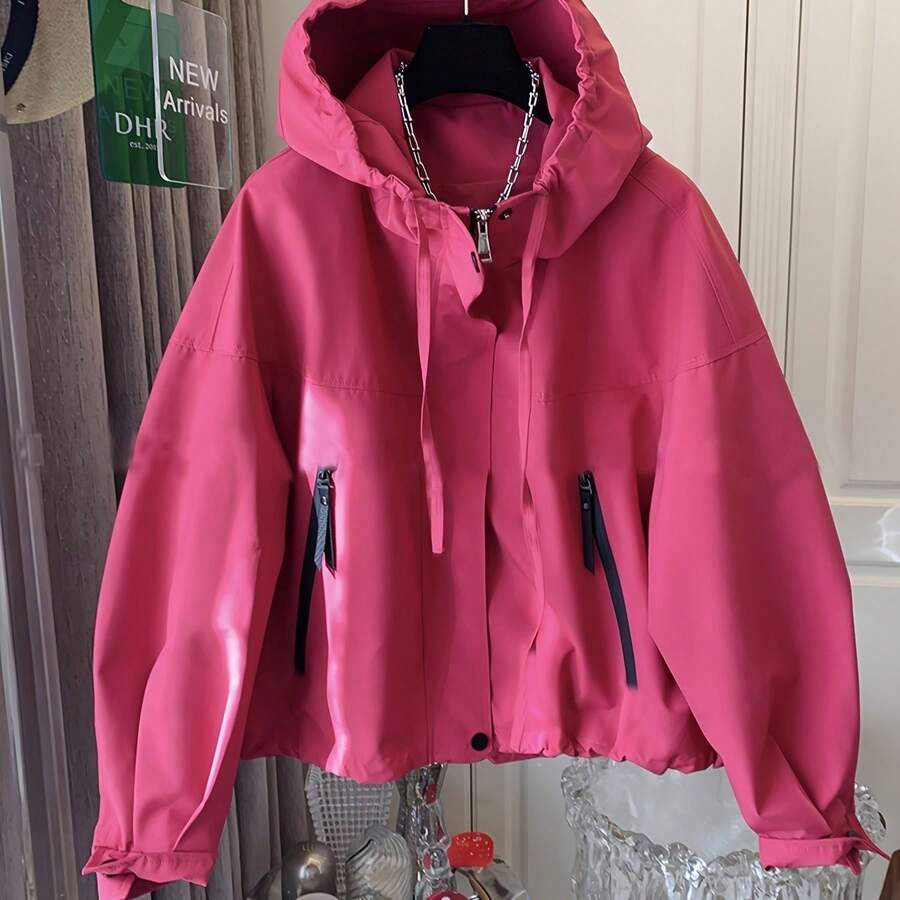 Spring And Autumn Fashion Forward Comfortable Versatile Street Style Hooded Zip-Up Design Women's New Casual Jacket Coat - 玫瑰紅 - 查看 1