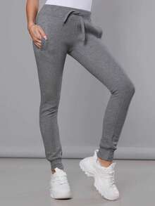 Pantalon de survêtement, Pantalon de survêtement, Taille élastiquée avec cordon de serrage, Taille mi-haute, 2 poches, Jambes fuselées avec cordon de serrage, Basique - Gris foncé - Voir 1