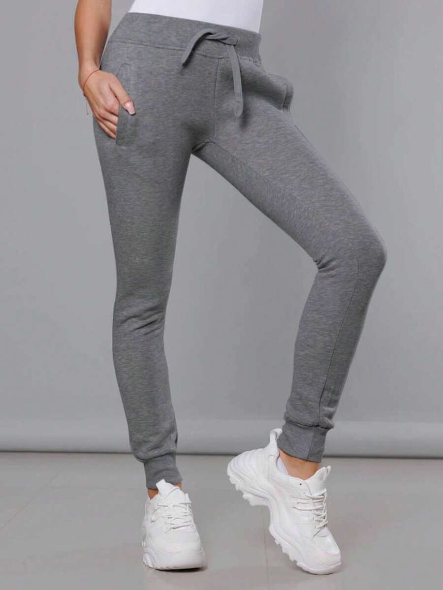 Pantalon de survêtement, Pantalon de survêtement, Taille élastiquée avec cordon de serrage, Taille mi-haute, 2 poches, Jambes fuselées avec cordon de serrage, Basique - Gris foncé - Voir 1