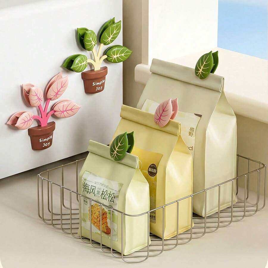 10pcs/5pcs Creative Closed Clips - Potted Plants - Refrigerator Magnetic Food Storage Clips In Rustic Style - Sealing Clips Magnetic Stickers - Refrigerator Decor - Cabinet Decor - A - View 1