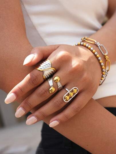 Frminee 3pcs/1pc Summer 18K Gold Plated Stainless Steel Ring Set For Women, Bohemian Jewelry, Women's Jewelry Accessories Set, Suitable For Women's Daily Wear, Holiday Gifts