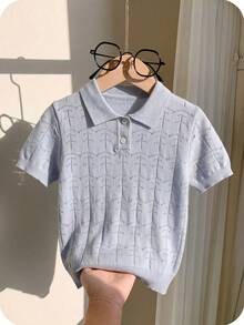 Boys' Solid Color Hollow Collar Polo Shirt Short Sleeve Thin Knit Sweater Pullover, Suitable For School And Everyday Wear, Spring/Summer/Autumn - Grey - View 2