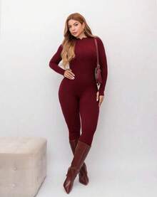 Women's Fitted Ribbed Jumpsuit With Front Zipper And Elegant Long Sleeves, Knit Fabric, Winter - Redwood - View 2