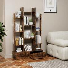 Bibliothèque à 2 tiroirs, étagère ouverte industrielle autoportante, bibliothèque vintage, 12 étagères de rangement, idéale pour chambre, salon ou bureau, marron rustique - brun - Voir 3