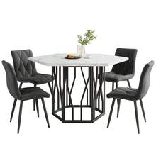 Dining Table And Chair Set (5 Pieces), Modern Hexagonal Marble Table + 4 Gray Velvet Dining Chairs To Create A Warm And Modern Restaurant - White + Black + Gray - View 4
