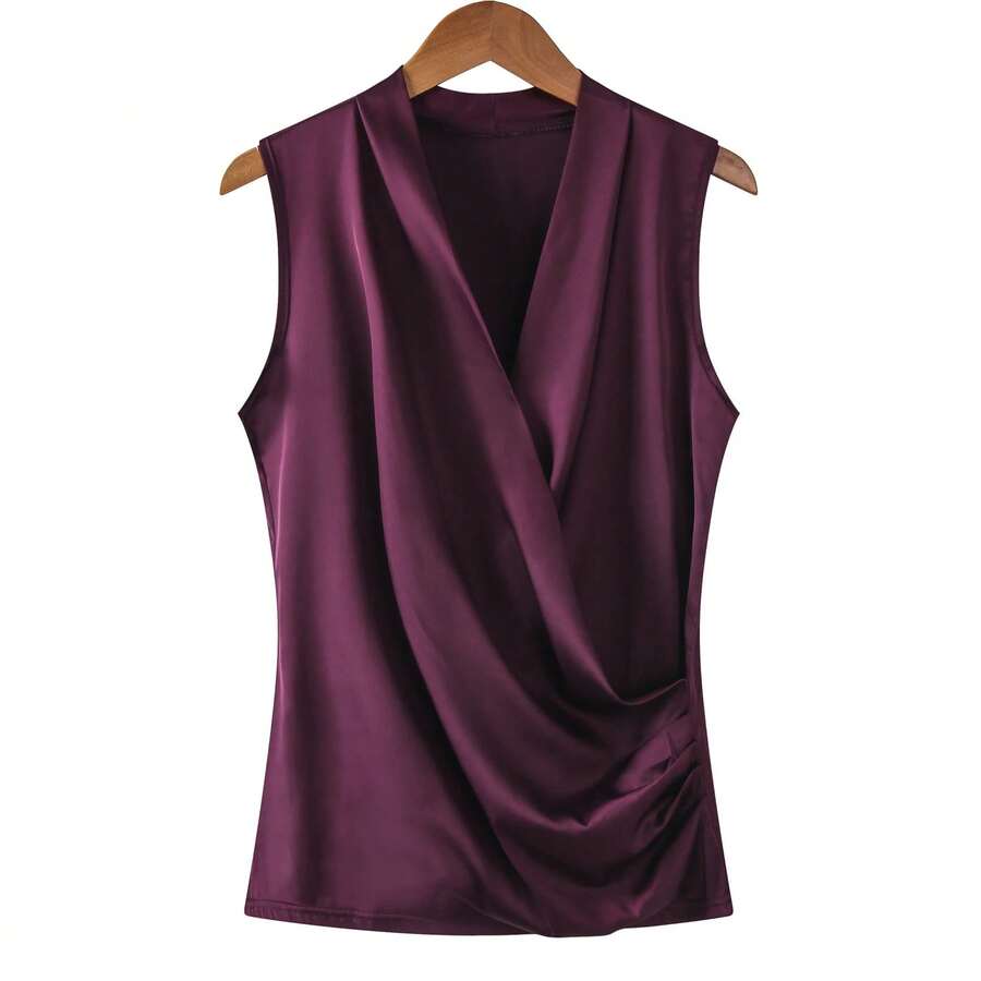 Nueva Blusa Sin Mangas de Satén Suave para Mujer, Top con Cuello en V, Corte Ajustado, Camisas para Usar por Fuera - Morado - Ver 1