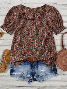 Top casual con estampado floral de manga corta y cuello cuadrado grande para uso diario Estilo bohemio/Estilo bohemio Vacaciones/vacaciones s - traje - Ver 4
