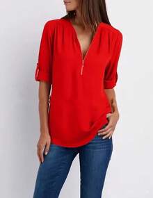 2025 gran oferta, camisa holgada fresca para mujer, blusa de gasa con cuello de pico profundo a la moda, Tops informales para mujer, jersey Sexy con cremallera de talla grande - Rojo - Ver 4