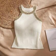 Chaleco tejido sin mangas para mujer, camisa ajustada con cuello Halter y cuentas, camisola Sexy de Seda brillante para verano 2026 - Albaricoque - Ver 1