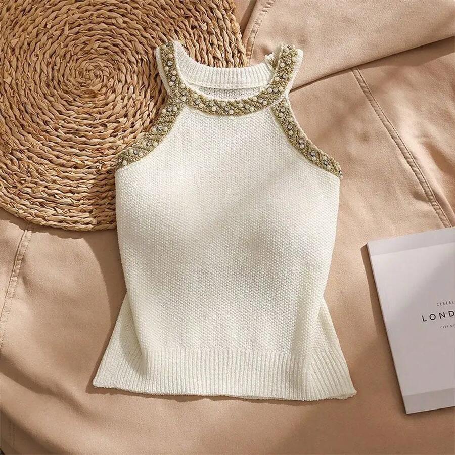 Chaleco tejido sin mangas para mujer, camisa ajustada con cuello Halter y cuentas, camisola Sexy de Seda brillante para verano 2026 - Albaricoque - Ver 1