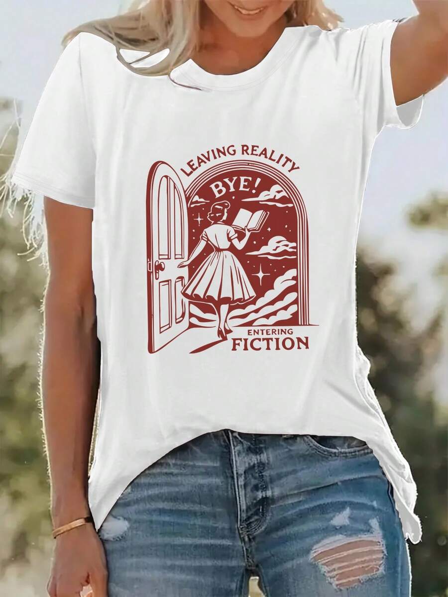 Graphic Tee With A Novel Theme That Transports You To Another World, Casual Round Neck Base Layer, Short Sleeve Tee For Spring And Summer Holidays, Stretchy, For Women, New Women's Clothing, Machine Washable - 白色 - 查看 1