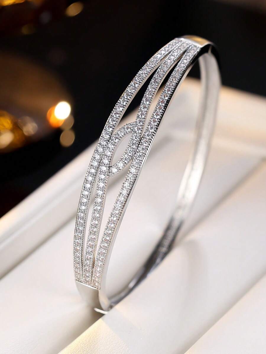 1pc Women's Bracelet, Luxury Sparkling Cubic Zirconia Bangle, Minimalist Open Design, Versatile For Work And Daily Wear - [Better Quality] Bracelet - View 1