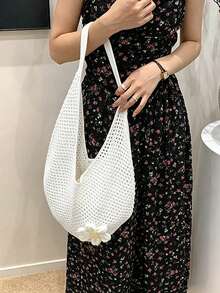 Yogodlns 镂空编织手提包，波西米亚风沙滩手提包，大容量休闲沙滩包，女士购物袋，户外旅行包，时尚手提包 - 白色 - 查看 4