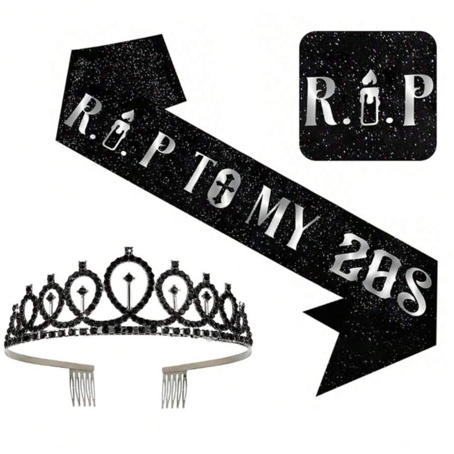 1/2 Piezas Conjunto de Faja y Corona para el 20th Cumpleaños de Mujer, R.I.P a mis 20s Decoraciones de Cumpleaños, Elegante Faja de Satén para Cumpleaños de 20 Años, Accesorio de Fiesta de Cumpleaños Femenino Cinta para el Hombro, Accesorios de Vestir para Fiesta de Cumpleaños Negro, Perfecto para Celebración de 20th Cumpleaños, Sesión de Fotos de Cumpleaños, Fiesta de Cumpleaños de Niña y Decoración de Fiesta Temática - Negro - Ver 1