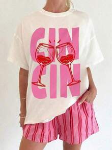 Martini Cheers Print Graphic T-Shirt, Women's Casual Crew Neck Short Sleeve T-Shirt, Autumn Clothing For Women, Back To School White Summer Women's - White - View 6