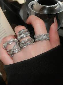 1pc/3pcs High-End, Fashionable, Exaggerated, Super Shiny Cubic Zirconia Rings, Suitable For Daily Fashion, Banquet, Party, Prom, Holiday Gift, Wedding Bride, Adjustable Open Copper Rings For Women - Silver - View 10