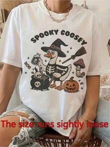 Camiseta de Halloween de las mujeres - Disfraz de bruja de ganso divertido para las fiestas con una calabaza, camiseta ligera del cuello de la tripulación perfecta para las reuniones de otoño y Halloween - Presente humorístico de Halloween para las mujeres (disponible en tamaños S-3XL) - Casual - Blanco - Ver 2
