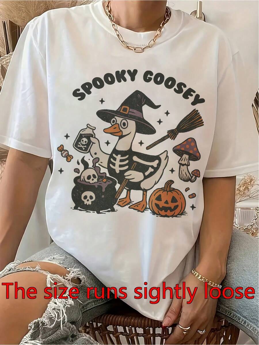 Camiseta de Halloween de las mujeres - Disfraz de bruja de ganso divertido para las fiestas con una calabaza, camiseta ligera del cuello de la tripulación perfecta para las reuniones de otoño y Halloween - Presente humorístico de Halloween para las mujeres (disponible en tamaños S-3XL) - Casual