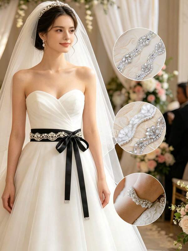1pc Crystal & Pearl Embellished Bridal Sash, Wedding Accessory, Rhinestone Beaded Waist Belt, Shiny Waist Chain, Bridal Decor, Adhesive Crystal Rhinestone Chain, Satin Ribbon Diamond Applique, Suitable For Wedding Events,Elegant,Birthday