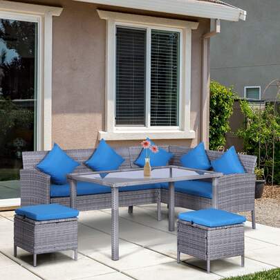 Outsunny 5 Pieces Wicker Patio Dining Set With Cushions, PE Rattan Corner Sofa Set Outdoor Conversation Furniture Set With Glass Top Dining Table, 2 Ottomans, Sky Blue