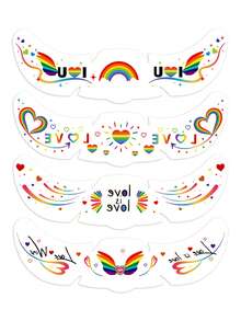 4片装LGBTQ+骄傲月眼贴，活力彩虹心形“爱就是爱”临时纹身贴纸，自粘免胶防水闪亮酷儿爱心美学面部饰品，适合女性女孩参加骄傲游行、节日音乐会、派对、LGBTQ+活动、DIY化妆配件 - 彩色 - 查看 8