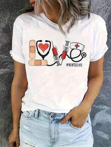 Camiseta de manga corta con estampado de letras de enfermera, estilo moderno 2026, top casual de cuello redondo para primavera/verano, camiseta estampada de moda para mujer. - Blanco - Ver 1