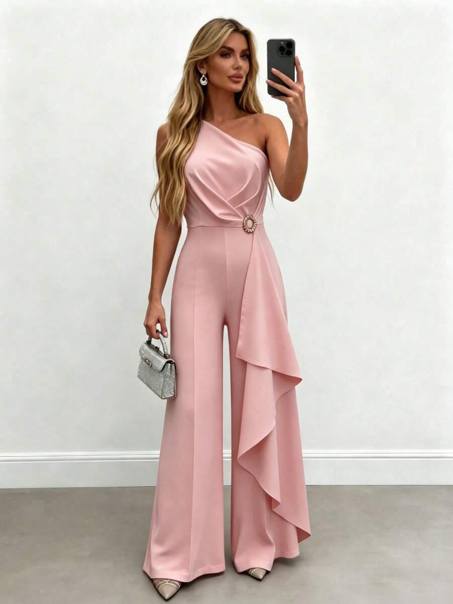 Bộ jumpsuit nữ xếp ly, khóa kim loại, viền bèo nhún, thích hợp mặc hàng ngày, đi học, dự tiệc, mùa xuân/hè. - Màu Hồng baby - Xem 1