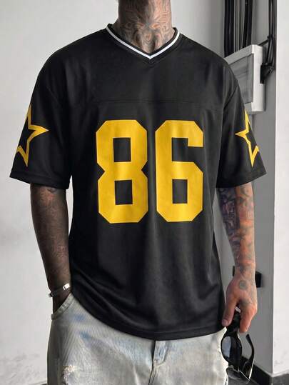  FRACTYR Men's Summer Casual Streetwear Mesh V-Neck "86" Printed Loose Patchwork Short Sleeve T-Shirt | Must-Have Streetwear Item | V-Neck Tee | Contrast Black & White Collar, Breathable & Comfortable, Suitable For Summer