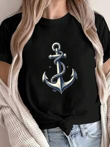 Navy Blue Anchor Nautical Art Print T-Shirt, Short Sleeve Crew Neck Casual Top For Summer And Spring, Women's Clothing - 黑色 - 查看 1