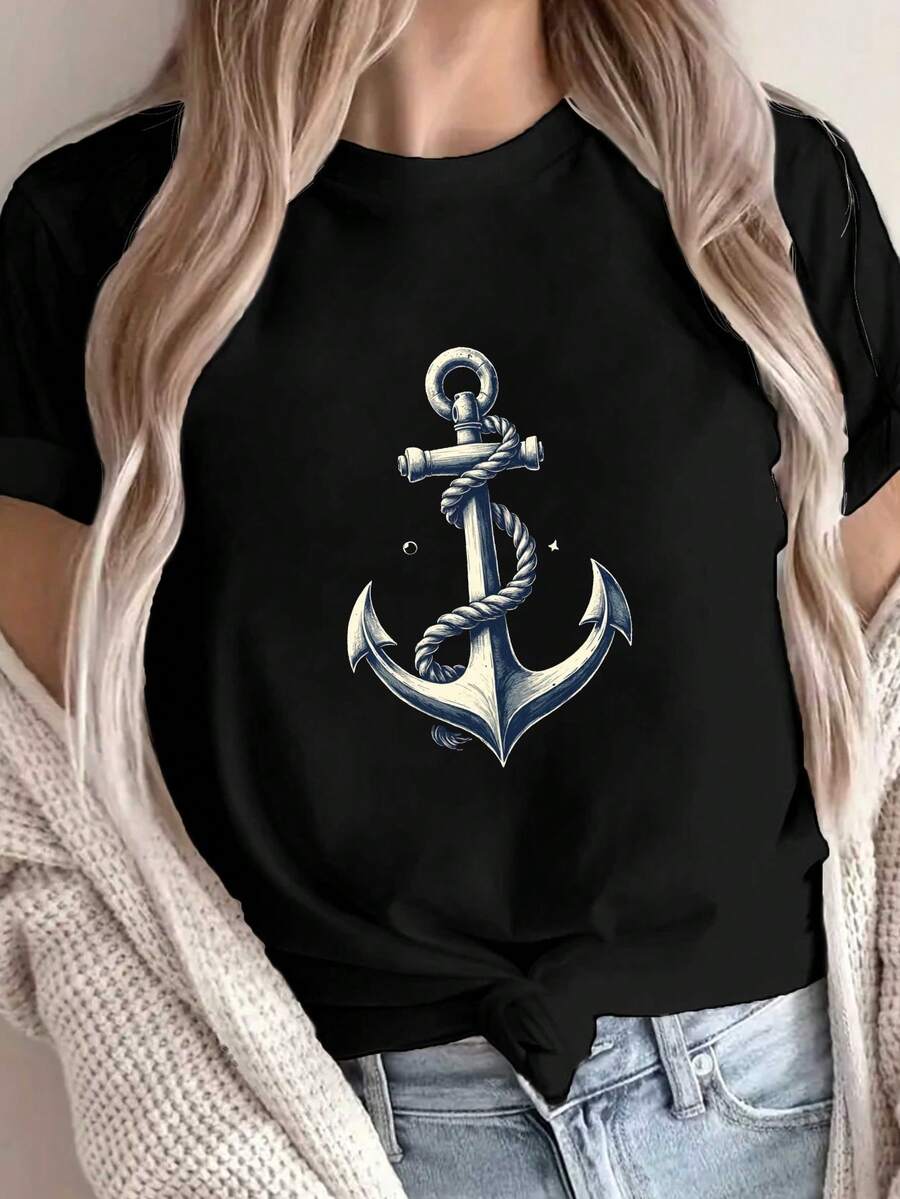 Navy Blue Anchor Nautical Art Print T-Shirt, Short Sleeve Crew Neck Casual Top For Summer And Spring, Women's Clothing - 黑色 - 查看 1