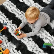 Sour Lemon Fluffy Area Rug Thick & Shaggy Carpet For Living Room & Bedroom Floor, Home Decor Anti-Slip Soft Carpet Floor Mat - Black & white stripes - 查看 7