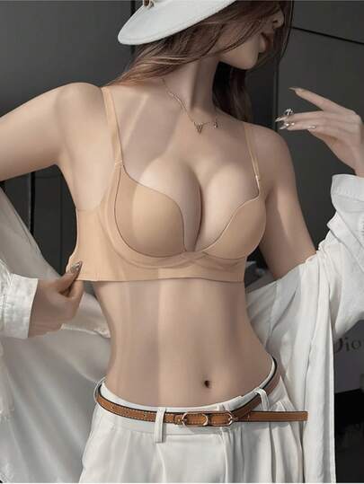 Sujetador inalámbrico suave y cómodo en color caqui para mujeres, que levanta y sostiene pechos pequeños, minimizador